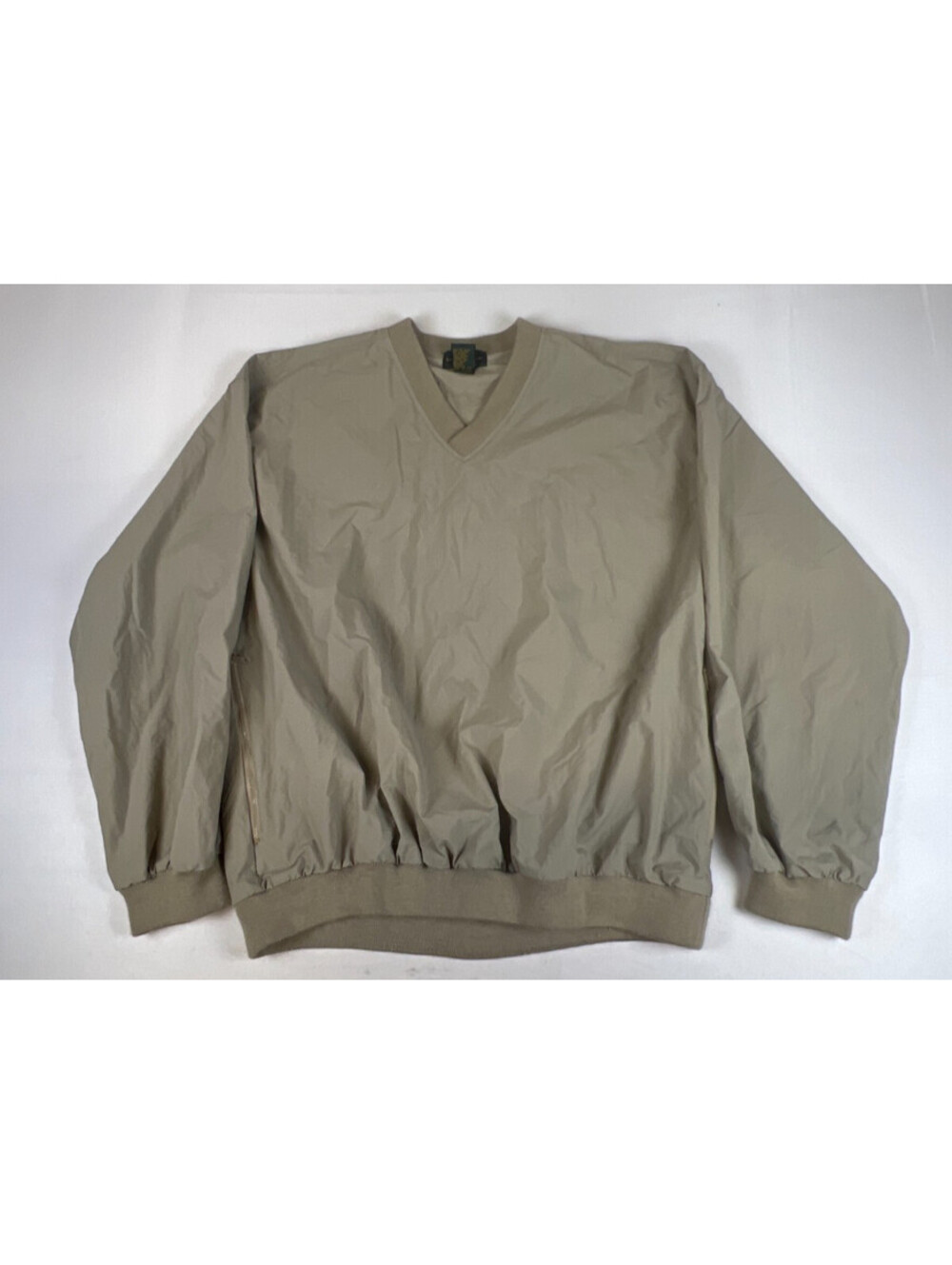 Vintage Izod Club Men L Tan Nylon V-Neck Windbreaker Golf Pullover Jacket